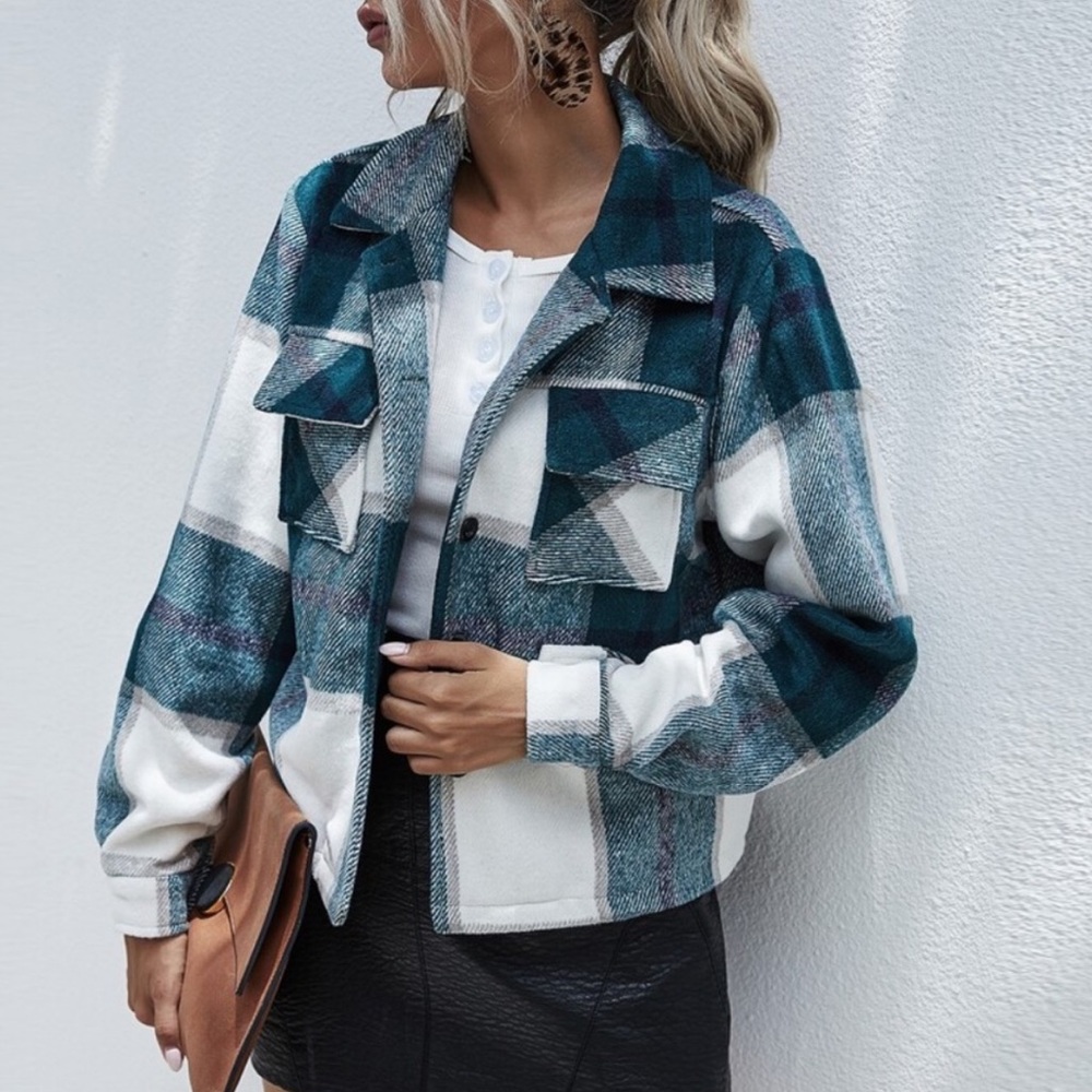 Boho plaid blue  oversized pocket detail button up jacket shachet - Picture 7 of 8